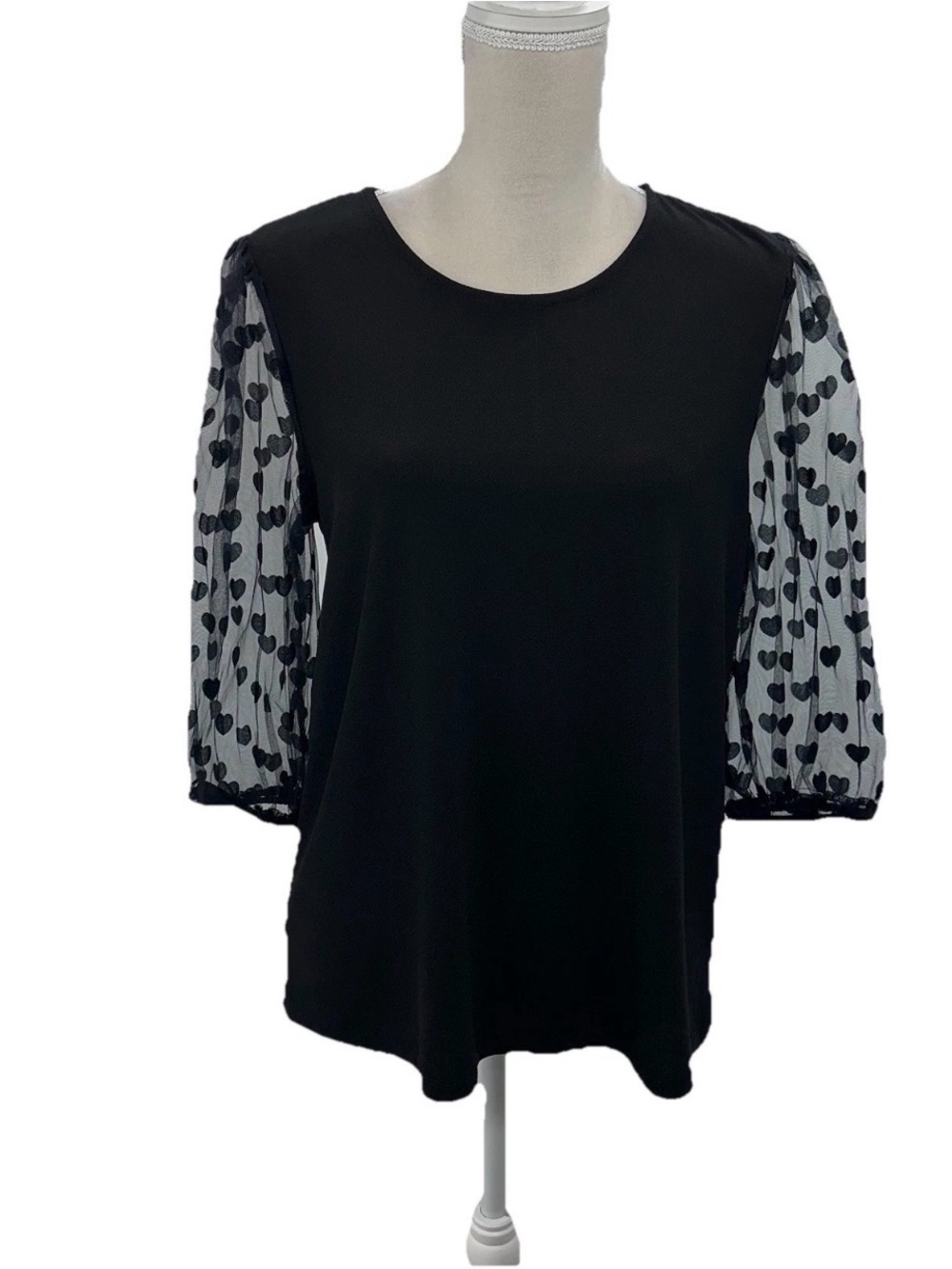 Black Women's Blouse with Sheer Heart-Print Puff Sleeves